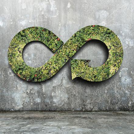 An illustrated image of a green infinity symbol made of plants on a concrete wall