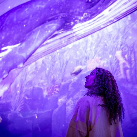 Female with long curly hair standing in front of a wall with purple projections of underwater