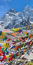 View of Mount Everest with flags in foreground