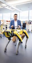 Professor Sarath Kodagoda remotely operating Spot, the UTS robot dog