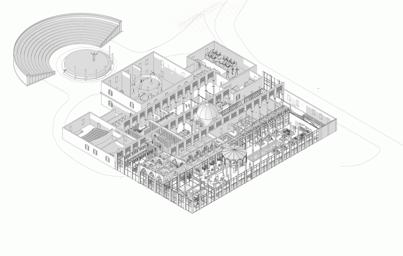 Axonometric drawing of Emma Anastasio's Cultural Exchange House