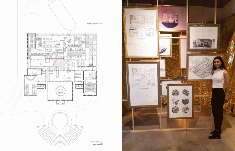 Left: Drawing of the cultural exchange house, Right: Emma Anastasio in front of her work