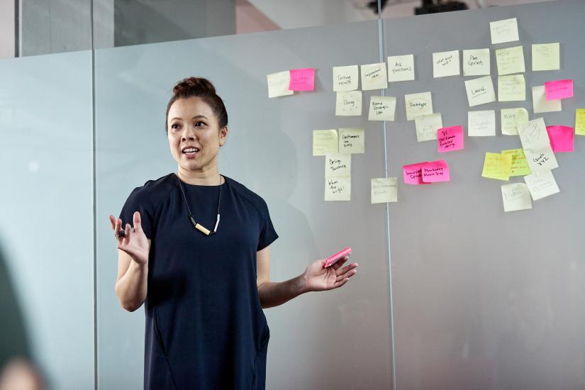Woman communication to group with sticky notes behind her displaying a plan