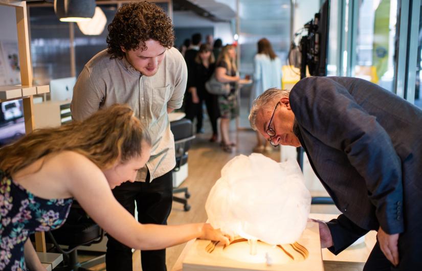 Students Sophia Hamilton and Dominic Harrison with Professor Lawrence Wallen at the launch of the IKEA x UTS Future Living Lab. Photo: Dang Khoa Nguyen
