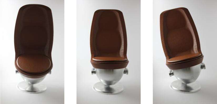Three images of a gyroscopic seat at different degrees of tilt