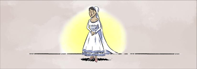 A cartoon drawing of a bride crying while standing in a spotlight 