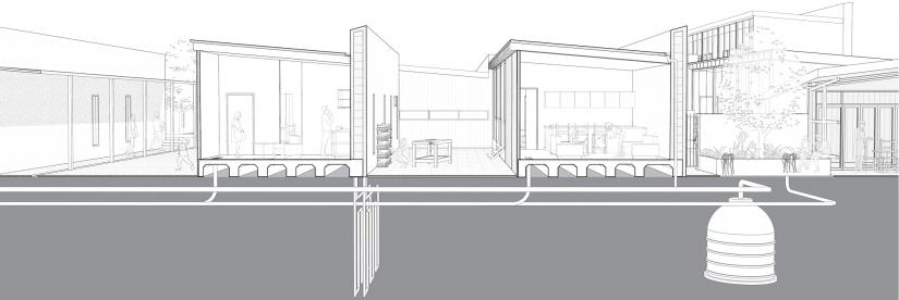 Sectional perspective architectural line drawing of Kate Harding's The Parkland Semi