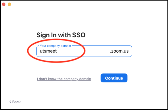 Step two: Enter the company name as 'utsmeet'