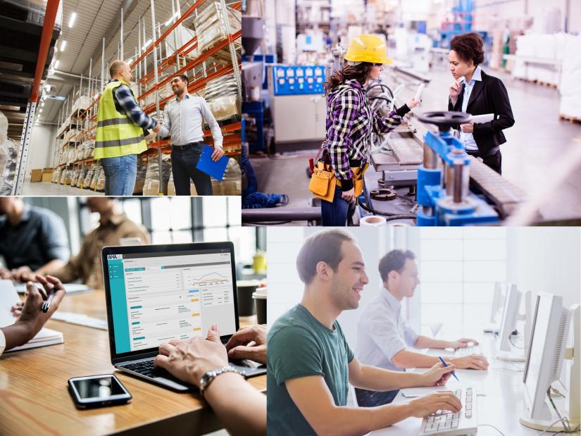 People in different workplace environments - warehouse, workshop, office