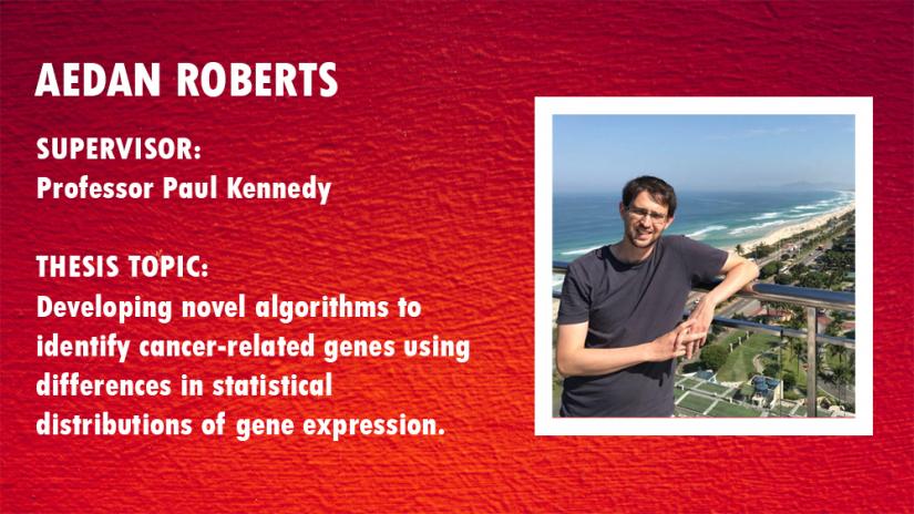 Photo of Aedan Roberts in Rio with supervisor and thesis topic details