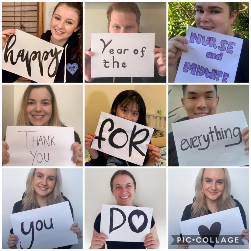 Nine photos of people holding messages paper saying Happy year od the nurse and midwife