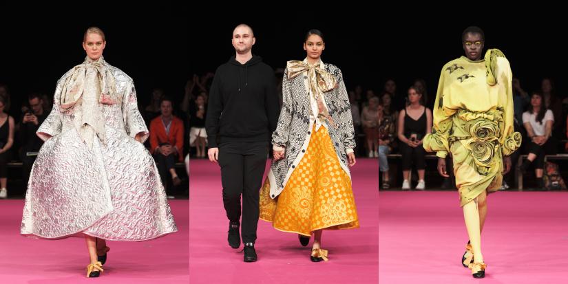 A sequence of 3 images on models wearing quilted fashion designs on the runway. Centre image, model walks with the designer. 
