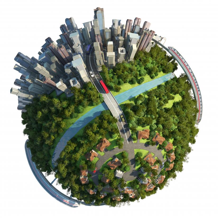 World globe with greenery and buildings