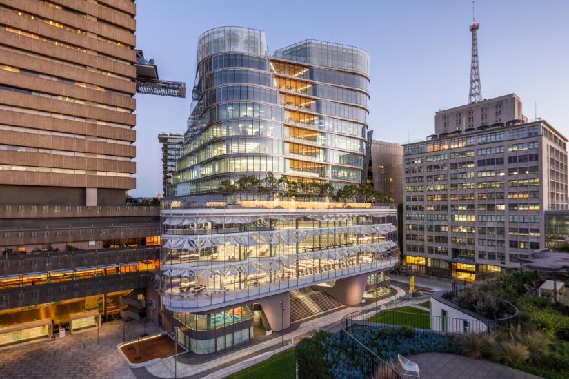 UTS Central at dusk - the library and reading room are on the lower floors