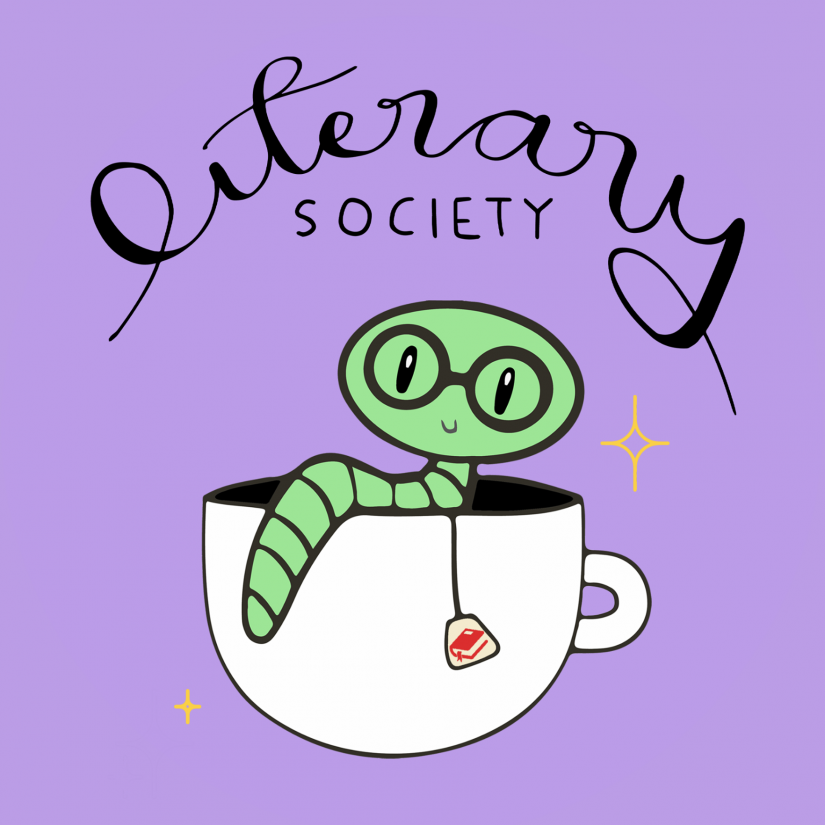 Literary Society logo - Bookworm sitting in mug.
