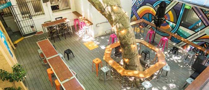 Aerial view of the Loft venue, tables and chairs around a tree