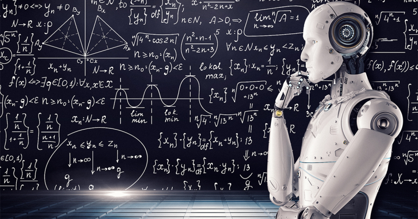 White robot in foreground with right hand on chin (thinking) with mathematical equations and workings on a blackboard in the backgrounda 