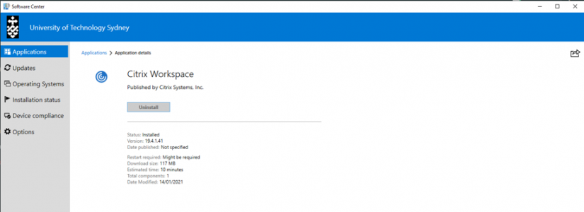 Screenshot of Citrix WorSpace on UTS PC or laptop