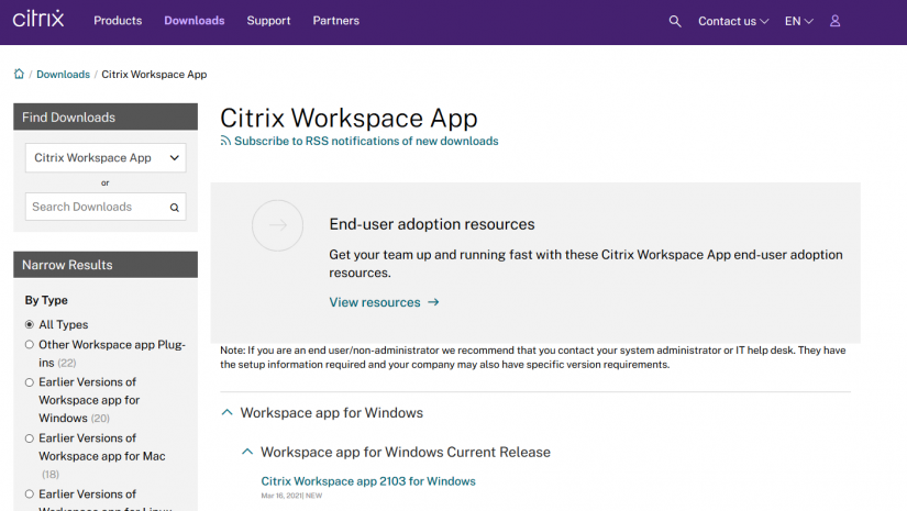Screenshot Citrix WorkSpace - select version