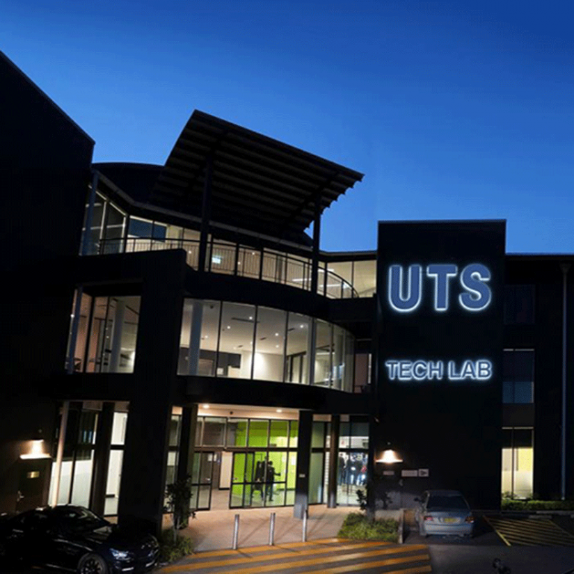 External photo of UTS Tech Lab at dusk. Image by Andy Baker