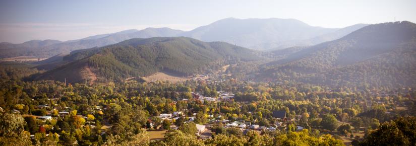 a remote town nestled amidst trees and mountains.