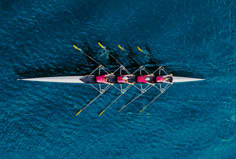 Aerial view of a women's rowing team