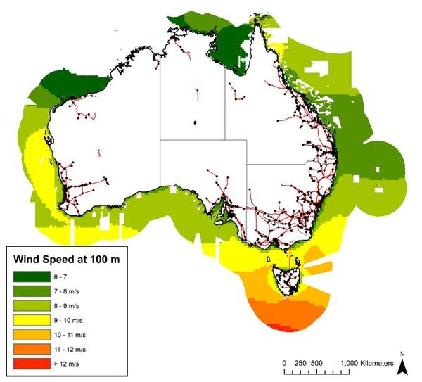 A diagram map of Australia showing wind speed