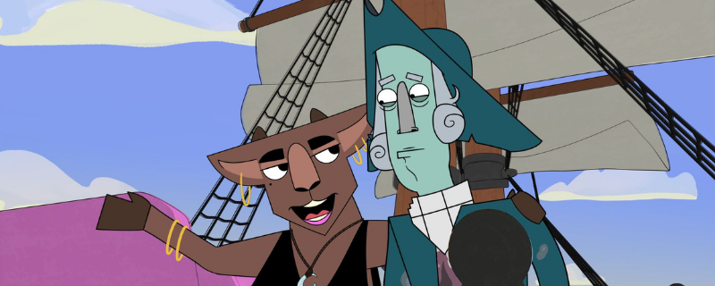 An image of two characters in the Cooked ABC series, Mahnra the goat and Captain Cook