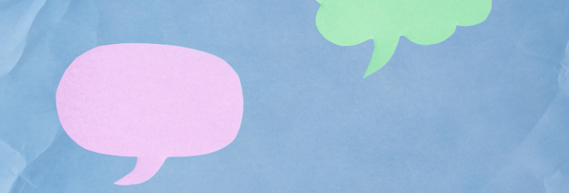 Purple speech bubble and green thought bubble on blue background