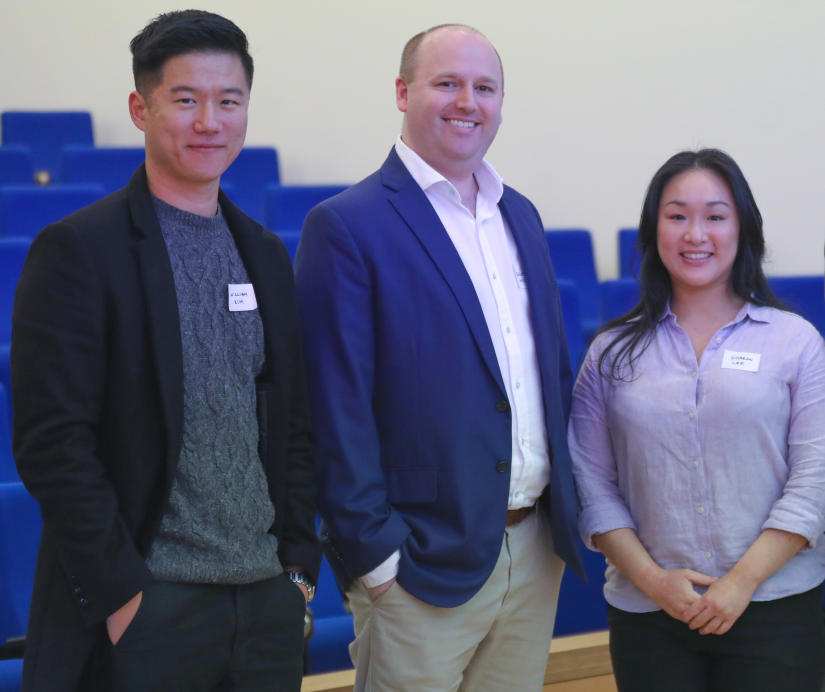 The co-founders of Asendium in the UTS Chau Chak Wing Auditorium. (From left to right): William Kim, Scott Miller and UTS alumni, Sharon Lee. Image: Hazen Agency