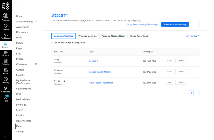 Screenshot of tabled format showing upcoming Zoom meetings embedded in Canvas page. Information provided includes start time, topic, meeting ID and a Join button