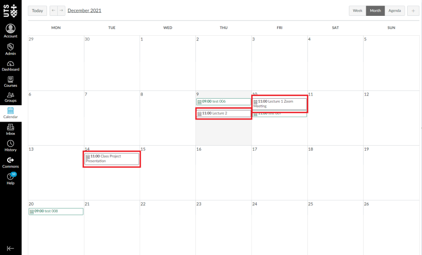 Screenshot of the Calendar page in Canvas, with sessions synced to the Zoom integration highlighted