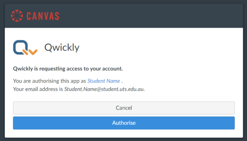 Screenshot of a Canvas notification where Qwickly is requesting access to the account. Your options are to cancel or authorise. 