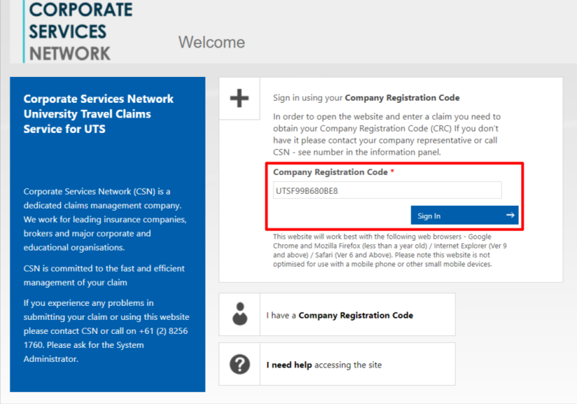 Screenshot of Corporate Services Network sign in webpage 