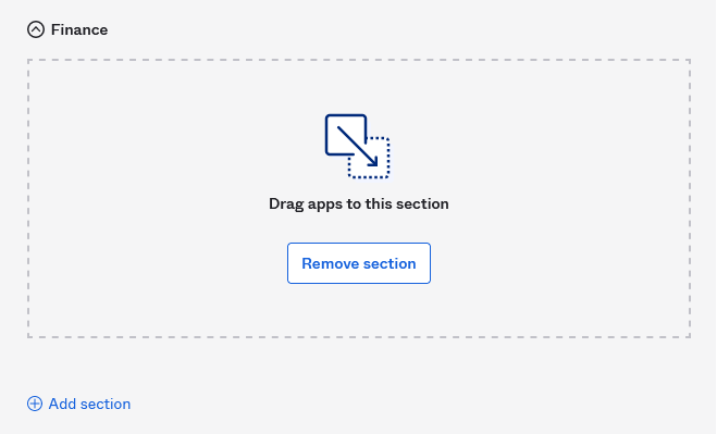 Screenshot of an empty section with a text label 'Drag apps to this section' and a 'Remove section' button