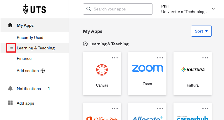 Screenshot of the Okta dashboard with a left nav menu with a red-box next to a section name, and app tiles on the right