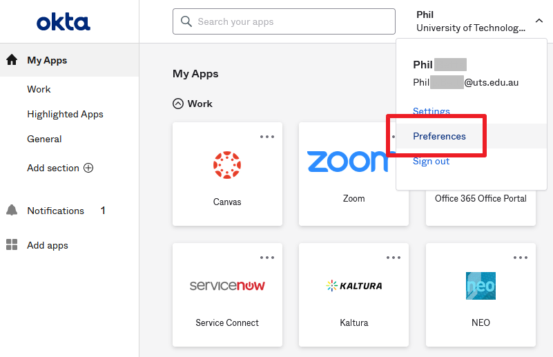 Screenshot of the Okta dashboard with a left nav menu, tiles with app icons and text, and a red box in the top-right corner highlighting 'Preferences'