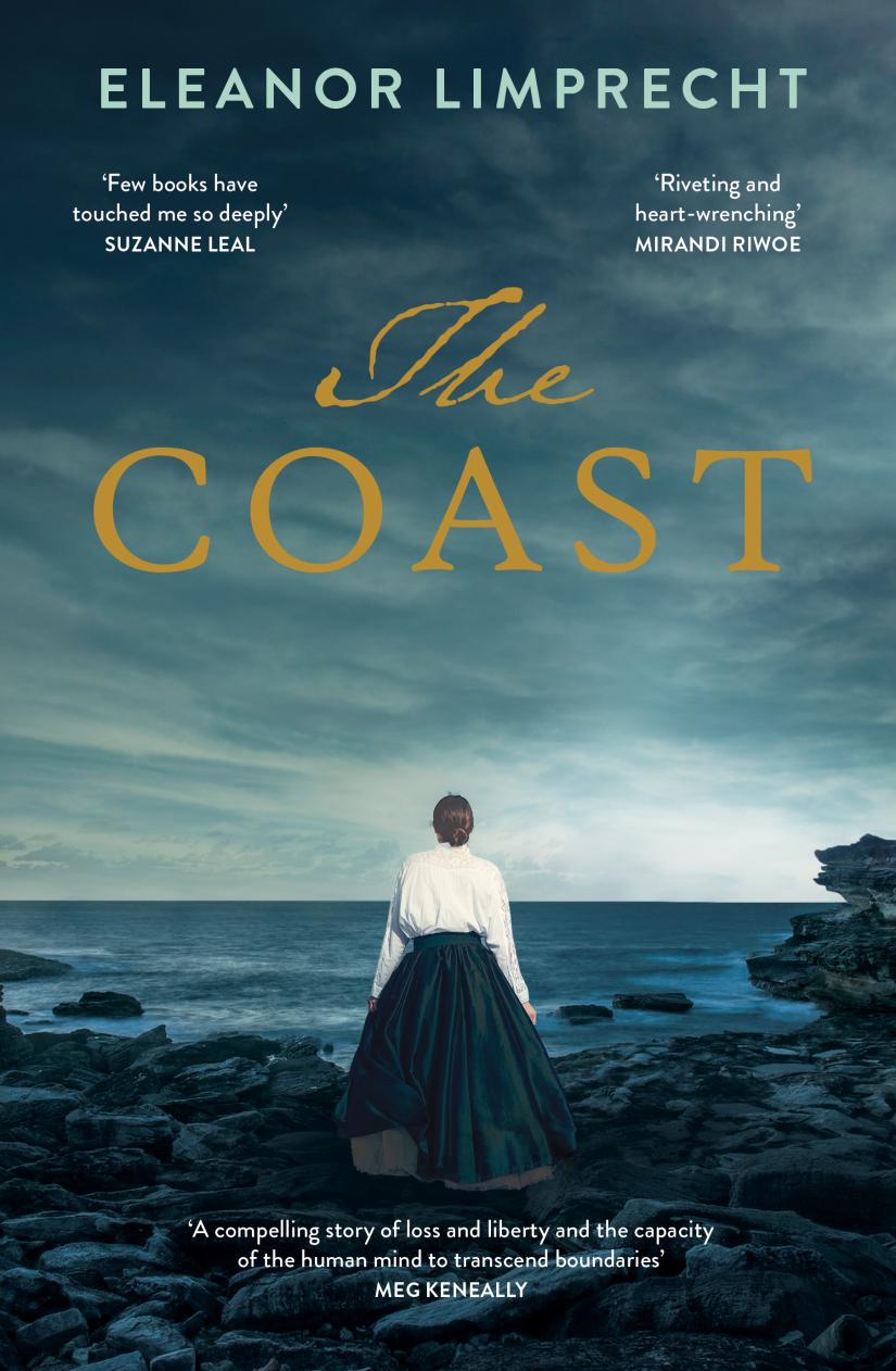 Cover of the novel 'The Coast', where a woman stands by the ocean on a rocky shore.