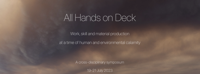 A dark cloudy background, with the words 'All Hands on Deck, a cross disciplinary symposium 19-21 July 2023' overlaid