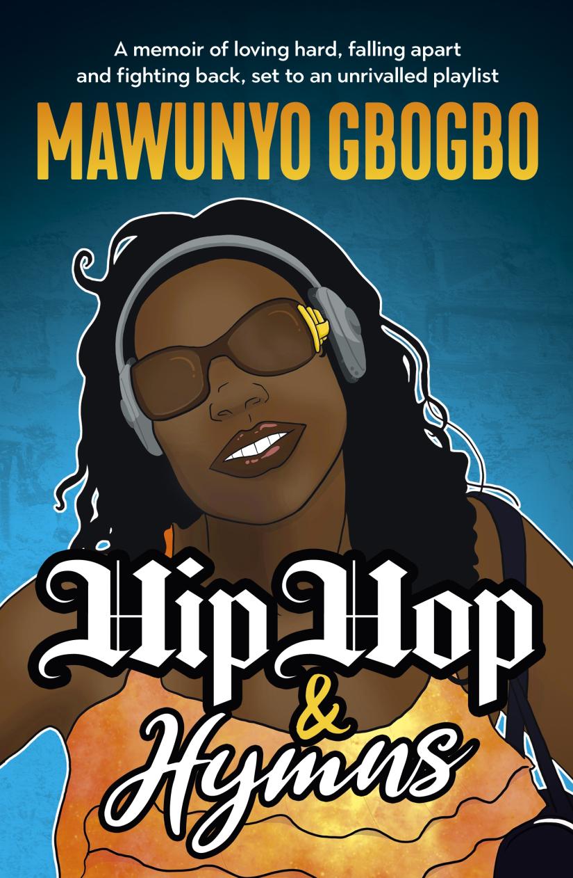 Cover image of 'Hip Hop & Hymns' by Mawunyo Gbogbo, a cartoon image of the author with headphones on