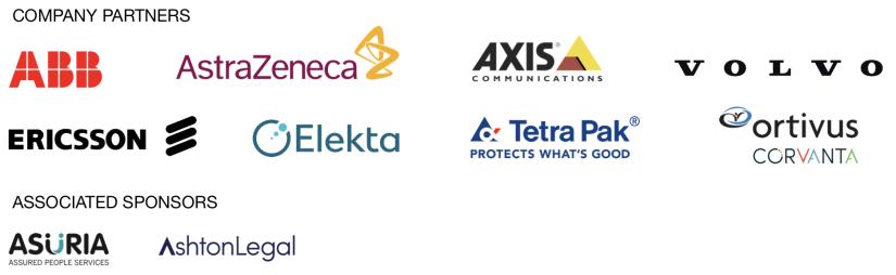 Images of event partners: Abb, AstraZeneca, AXIS communications, Volvo, Ericsson, Elekta, Tetra Pak, Ortivus 