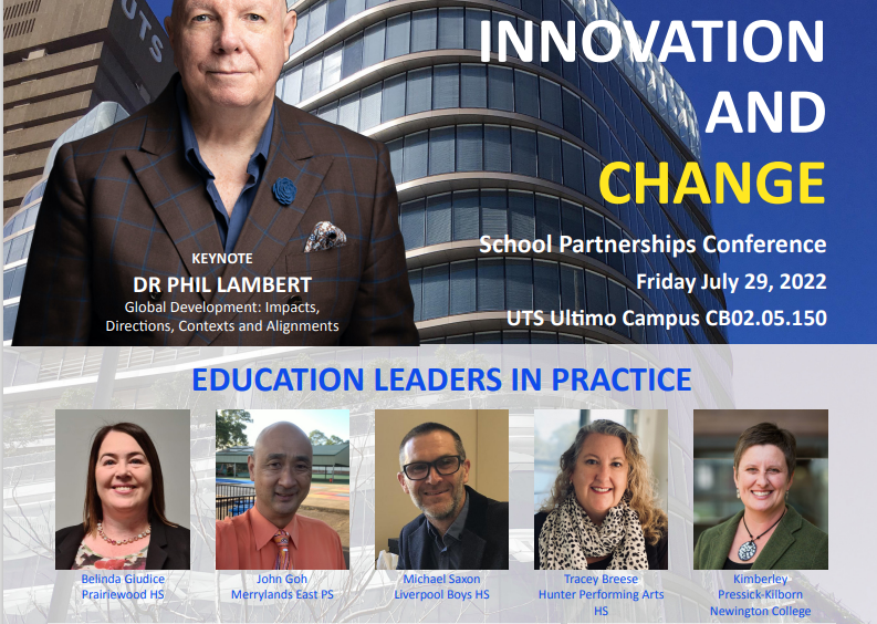 promo image for UTS Innovation and Change Conference depicting Conference Speakers headshots and two buildings against a blue sky with info text and logos about the conference