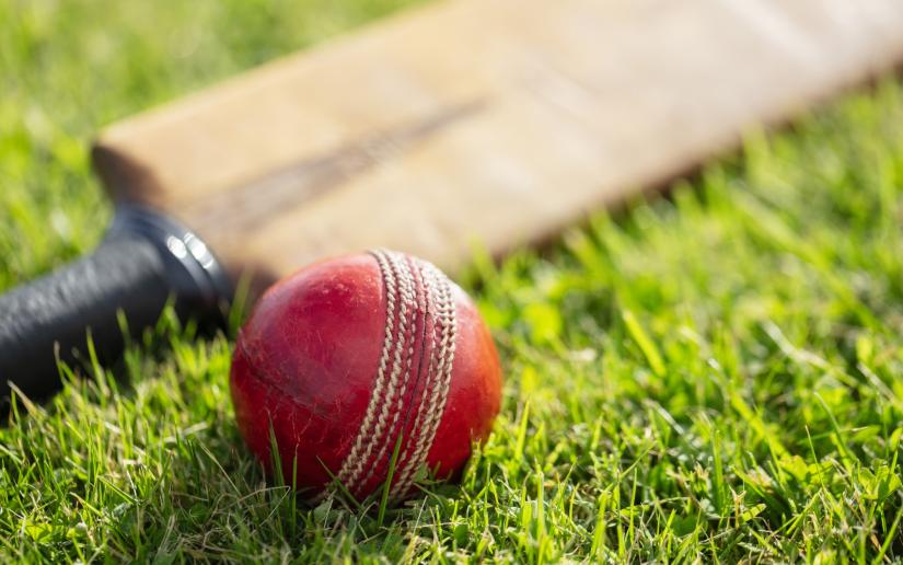 a red cricket ball lies on the grass next to a cricket bat