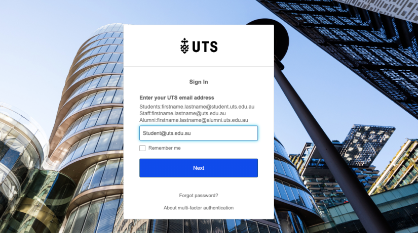 The UTS SSO log in page