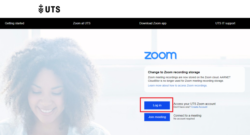 UTS Zoom log in home page with the Log In button highlighted