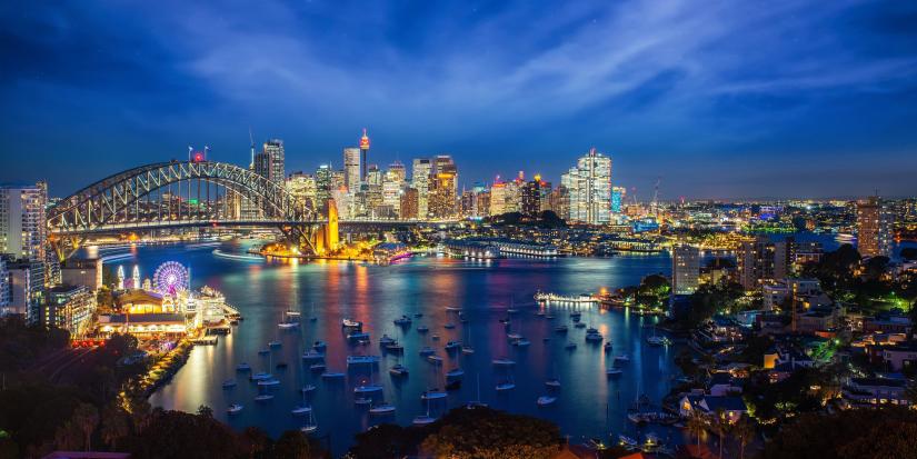 Panorama of Sydney harbour and bridge in Sydney city at night