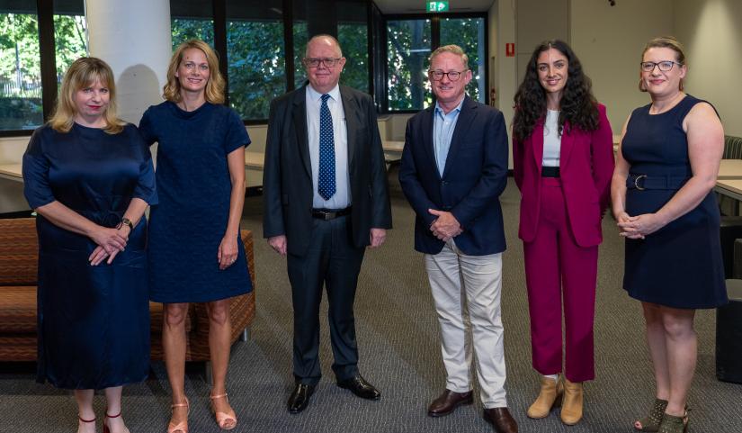 Roslyn Mayled, Create NSW, Annette Pitman Chief Executive Create NSW, Prof Andrew Parfitt Vice Chancellor and President, UTS, The Hon. Ben Franklin Minister for the Arts, Jayden Selvakumaraswamy (The House that Dan Built) and Mia Patoulios, CEO Sydney Youth Orchestras
