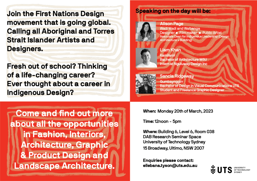 Brochure in four quadrants promoting details of the UTS Careers in Indigenous Design event