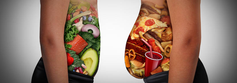 A picture comparing two children bodies facing inwards. The left body have healthy vegetables illustration in their belly and the right body is the opposite, showcasing junk food in the stomach, these foods includes pizza, soft drinks, fast food, etc.  
