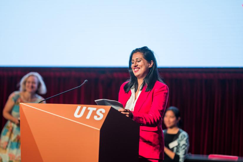 Journalist and author Sarah Malik delivering her keynote address at UTS's 2023 International Women's Day celebrations.
